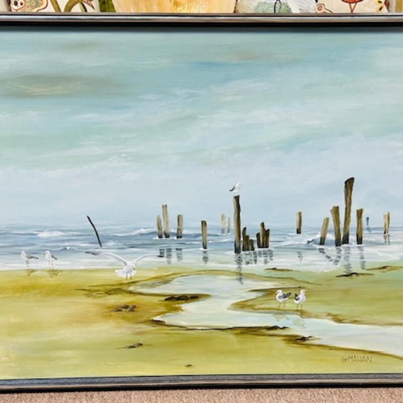 Glenn McMahan Low Tide Oil Painting in Wood Frame
Blue Green Gray Size: 29 x 24H