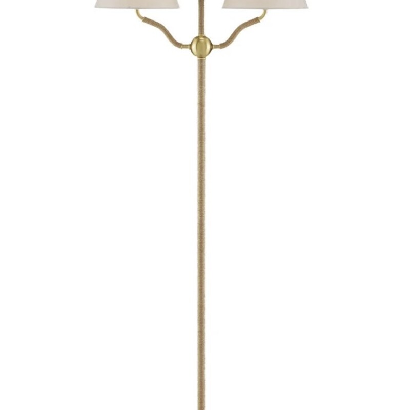 Curry & Co Sirocco Brass<br />
<br />
Size:  56Hx19 Wx10D<br />
<br />
Tom Caldwell created a light profile for the Sirocco Floor Lamp and wrapped all but the main decorative elements in jute rope. These include the ring at its apex, the small globes at its base and the one connecting the forked arms, and the base itself. Made of steel and natural plated antique brass, the rope floor lamp is fitted with two off-white linen shades. This is a petite floor lamp designed to be a decorative accent in a space.