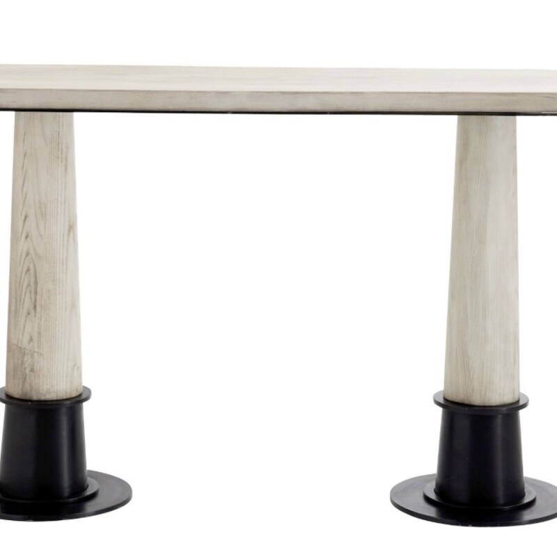 Arteriors Kamile Console<br />
<br />
Size: 53Lx16Dx33H<br />
<br />
INDUSTRIAL ELEMENTS SUCH AS A SMOKE STAIN AND NATURAL CAST IRON ACCENTS ADD A DISTRESSED FEEL TO THIS SOLID OAK CONSOLE TABLE. A RING UNDER THE TABLETOP MATCHES THE IRON BASE, CREATING COHESIVENESS THROUGHOUT.