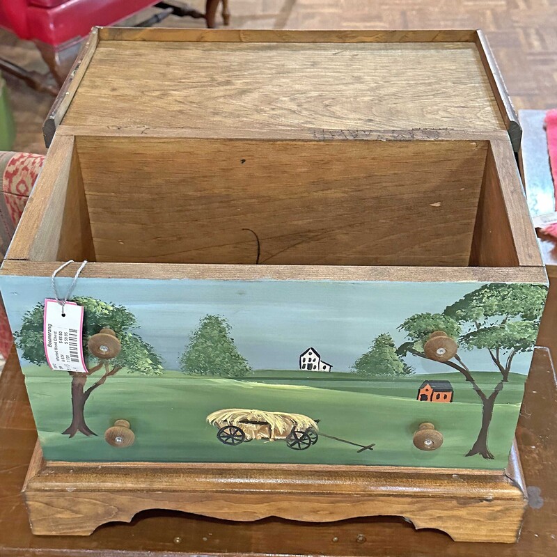 Hand Painted Wood Storage Chest

Rural farm scene with lake
Lift top with faux drawers

18 W x 13 H  x 9 D