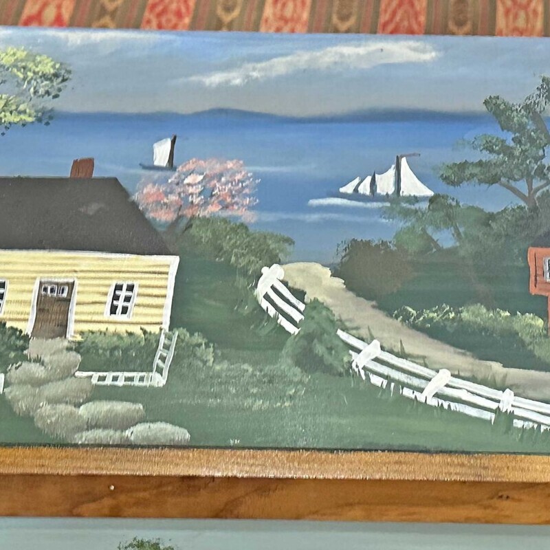 Hand Painted Wood Storage Chest<br />
<br />
Rural farm scene with lake<br />
Lift top with faux drawers<br />
<br />
18 W x 13 H  x 9 D