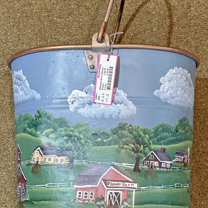 Hand Painted Brass Bucket<br />
<br />
Rural Scene<br />
12 x 14.5