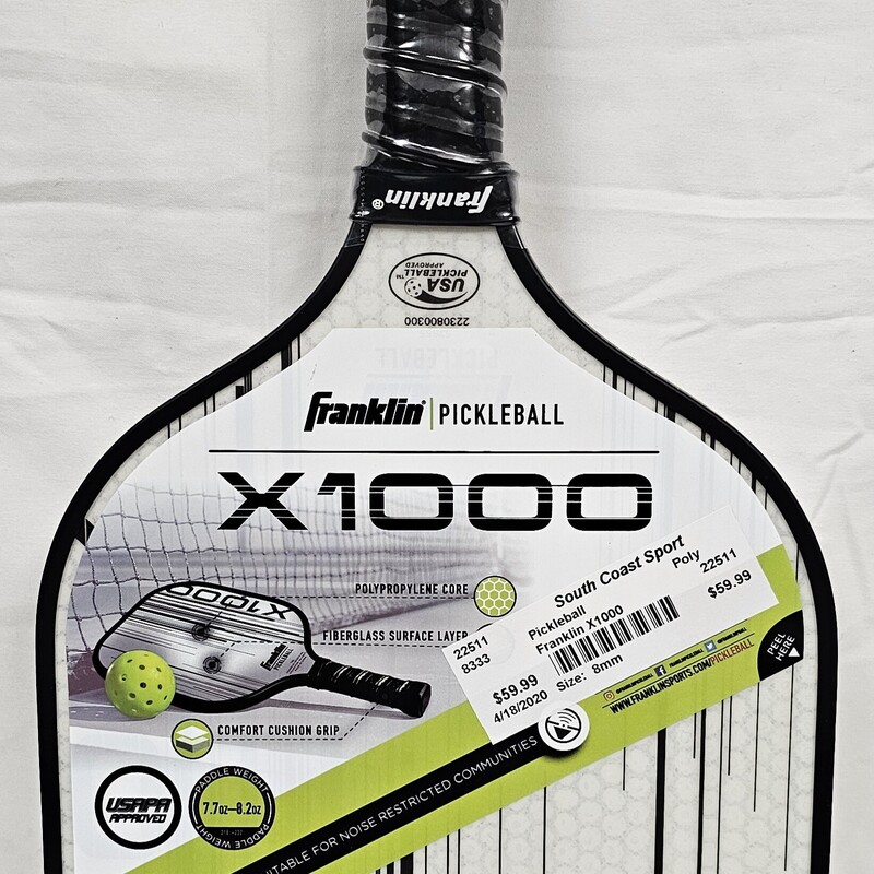 Suitable For Noise Restricted Areas! Franklin X1000 Pickleball Paddle, 8.25in Fiberglass Surface, 7.7oz-8.2oz, 13mm Polypropylene core, 5in. Comfort Cushion Grip, USA Pickleball Approved