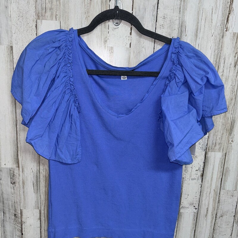 S Blue Ribbed Ruffle Top