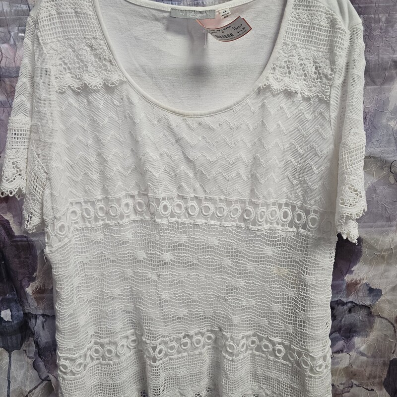 Short sleeve knit top in white with top layer of crocheted lace.