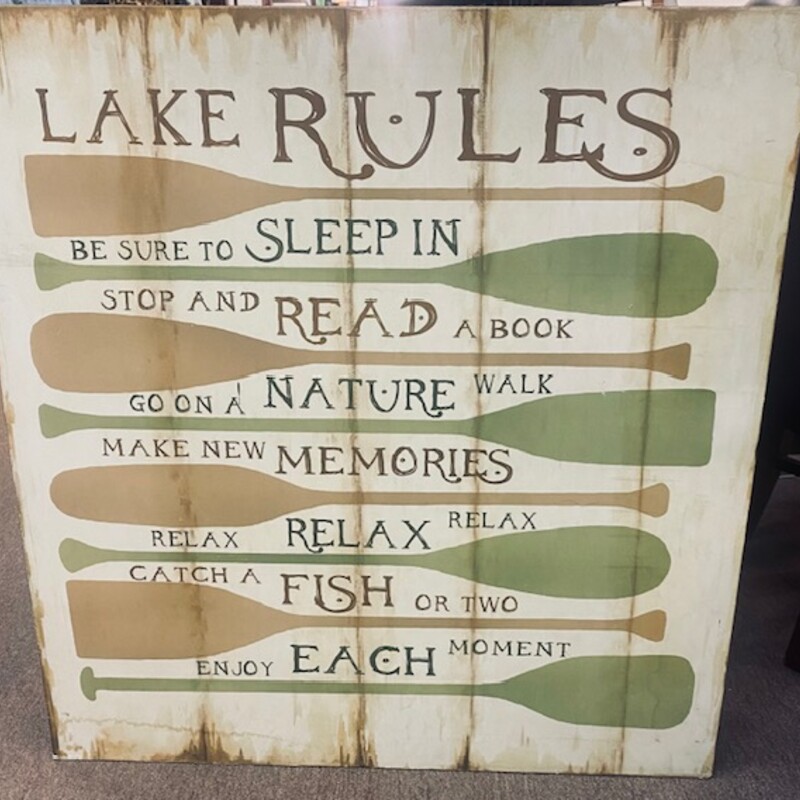 Lake Rules Corrugated Wood Sign
Tan Yellow Green Wood Composite
Size: 32x33H