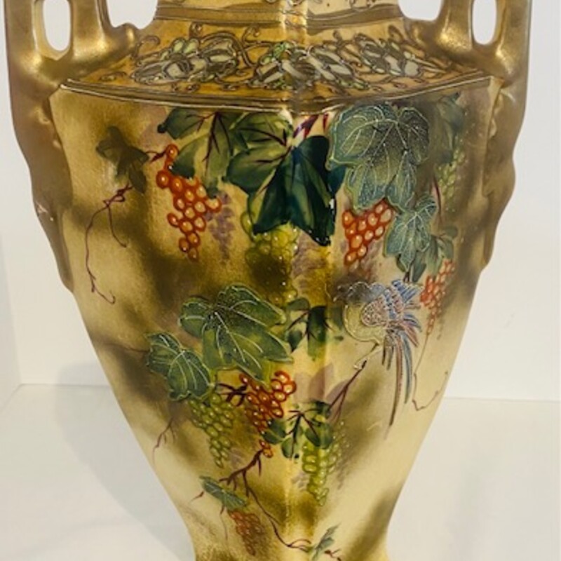 Handpainted Bird Vine Vase
Matte Gold Gilted Handles
Gold Tan Green Orange Blue
Raised  Bird
8x12H