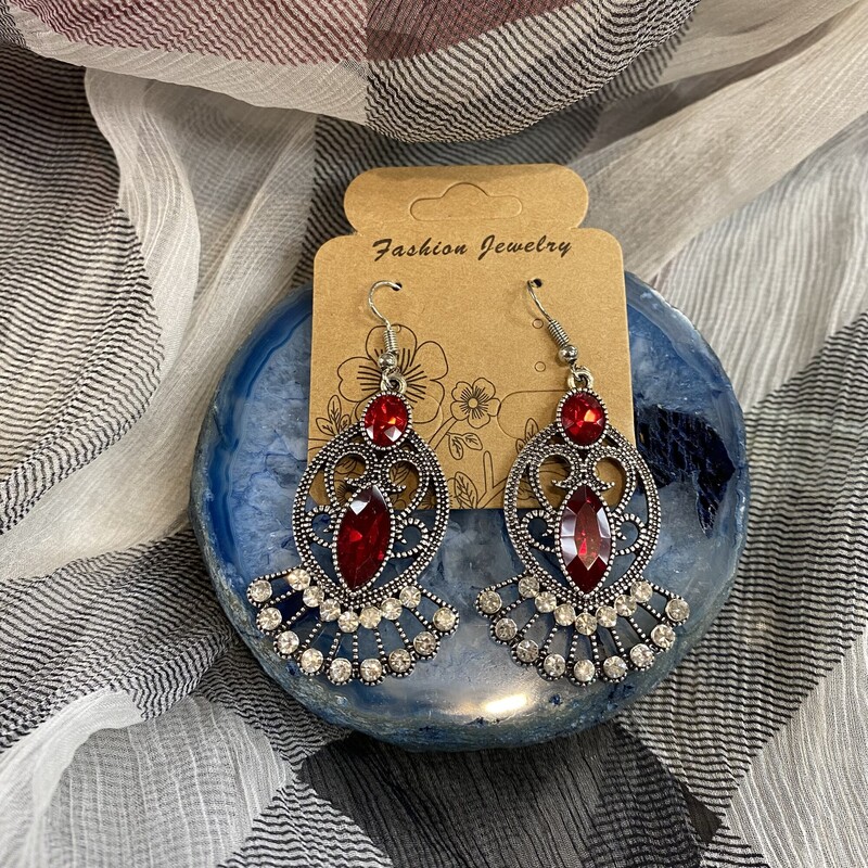 Earrings, Red/silv, Size: None