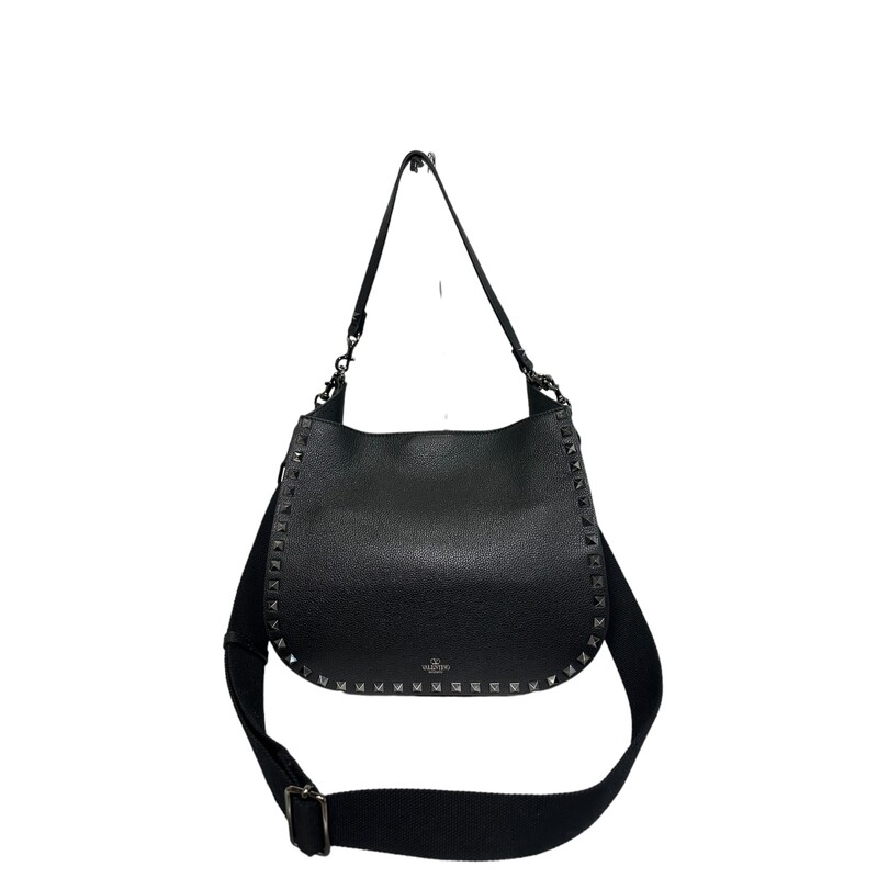 Valentino Small Rockstud Grainy Leather Hobo Bag<br />
<br />
Dimensons:<br />
10.2H x 7.9W x 3.9D<br />
<br />
Detachable top handle<br />
Detachable, adjustable web shoulder strap