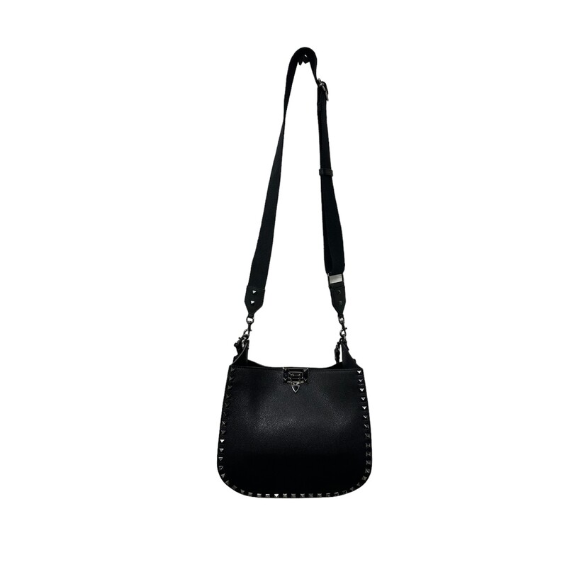 Valentino Small Rockstud Grainy Leather Hobo Bag<br />
<br />
Dimensons:<br />
10.2H x 7.9W x 3.9D<br />
<br />
Detachable top handle<br />
Detachable, adjustable web shoulder strap