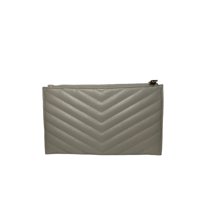 YSL Poudre Grain Zip White<br />
<br />
Dimensions:<br />
8W x 4 3/4H x 1/4D<br />
<br />
Matelassé stitching and monogram hardware add luxe signature touches to a slim leather pouch sized to hold cash, cards and a few touch-up essentials.