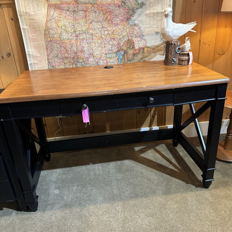 Computer Desk Black with Brown Wood Top.
Has a Keyboard Drawer and Cord Access Through Top
47 Inches Wide, 23 Inches Deep, 30 Inches High