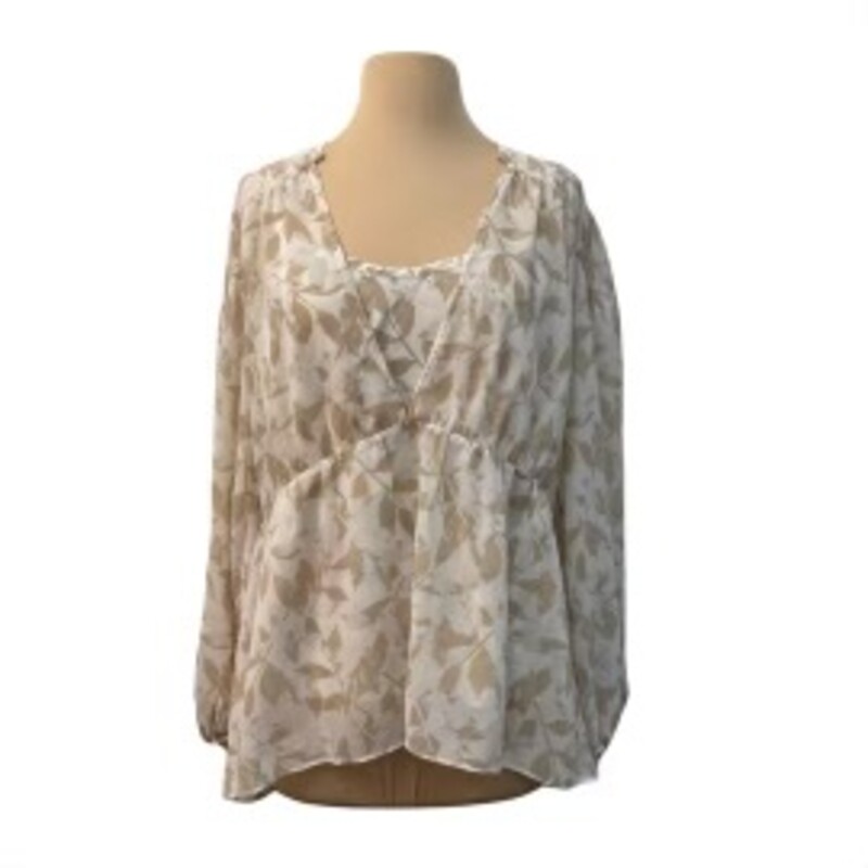 CAbi 2 Piece Couplet Blouse Set
Tan and Ivory with Leaf Print
Size: Large