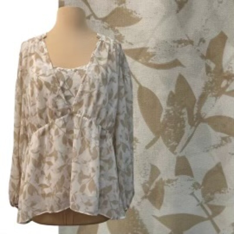 CAbi 2 Piece Couplet Blouse Set
Tan and Ivory with Leaf Print
Size: Large