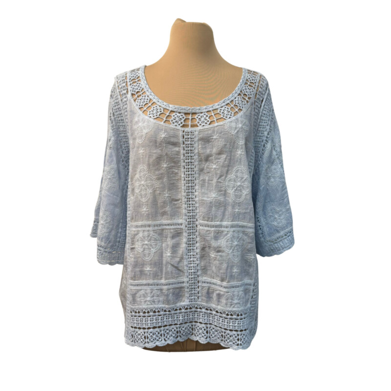 Democracy Mineral WashTop
100% Cotton
Crochet LaceTrim and Embroidered
Blue and White
Size: Medium