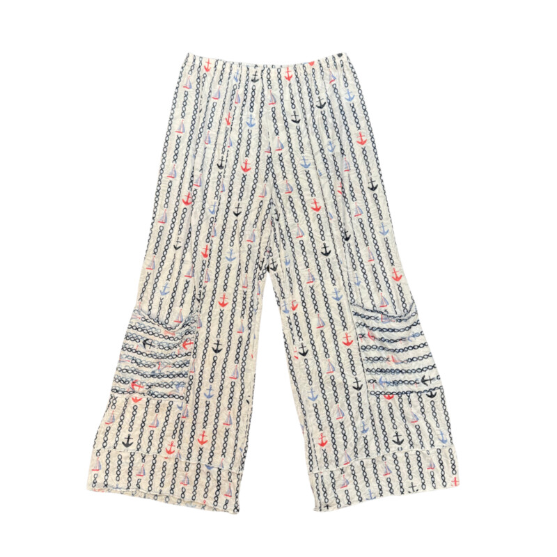 Shana Sailboat and Anchor Print Pants<br />
Adorable Pocket On Leg<br />
Comfort Waist<br />
White with Navy, Blue and Red<br />
Size: Small