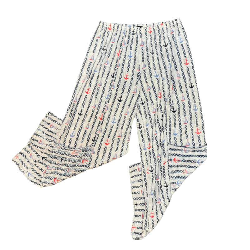 Shana Sailboat and Anchor Print Pants<br />
Adorable Pocket On Leg<br />
Comfort Waist<br />
White with Navy, Blue and Red<br />
Size: Small