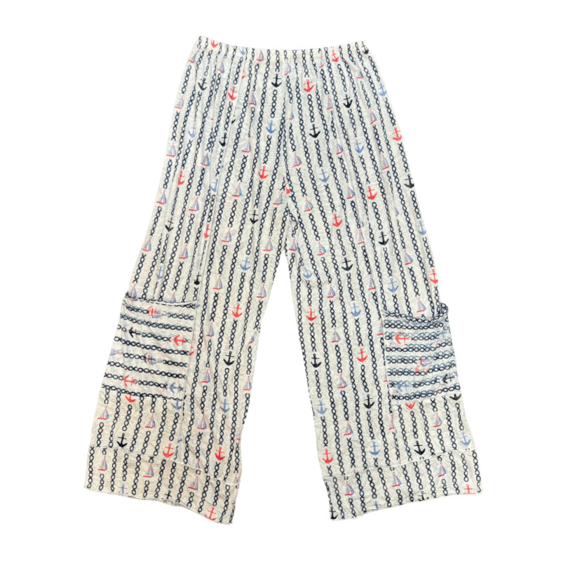 Shana Sailboat and Anchor Print Pants<br />
Adorable Pocket On Leg<br />
Comfort Waist<br />
White with Navy, Blue and Red<br />
Size: Small