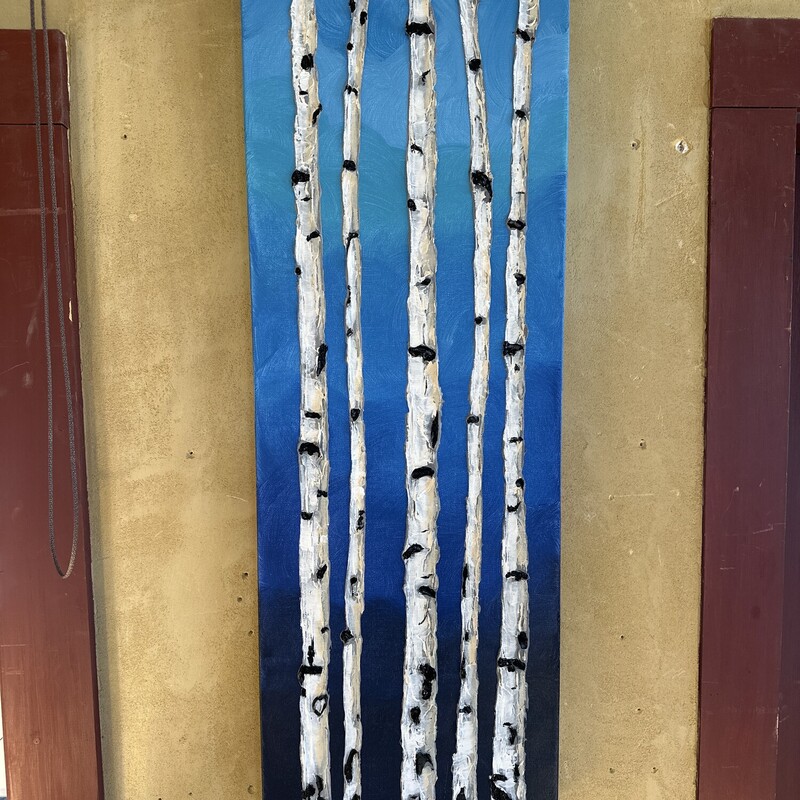 Blue Aspen by Local Artist Sandie Davis<br />
<br />
Size: 12 X 36<br />
<br />
Sandie Davis has lived and worked in the Truckee/North Shore area for over 40 years. She only recently discovered the creative magic of painting. As a volunteer graphic designer she found a love for colors that began to find expression in painting wildly with acrylics. That finally got harnessed into painting lessons starting in 2022, opening up the world of lights, darks, patterns and the brilliance of God’s earth.  When she picks up the palette knife she is excited and nervous to see what will appear! She is also a local musician, accompanying the Truckee Tahoe Community Chorus, playing piano for schools, community theater and churches in Truckee.