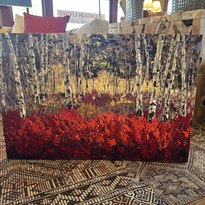 Crimson Forest by Local Artist Sandie Davis<br />
<br />
Size: 24 X 36<br />
<br />
Sandie Davis has lived and worked in the Truckee/North Shore area for over 40 years. She only recently discovered the creative magic of painting. As a volunteer graphic designer she found a love for colors that began to find expression in painting wildly with acrylics. That finally got harnessed into painting lessons starting in 2022, opening up the world of lights, darks, patterns and the brilliance of God’s earth.  When she picks up the palette knife she is excited and nervous to see what will appear! She is also a local musician, accompanying the Truckee Tahoe Community Chorus, playing piano for schools, community theater and churches in Truckee.