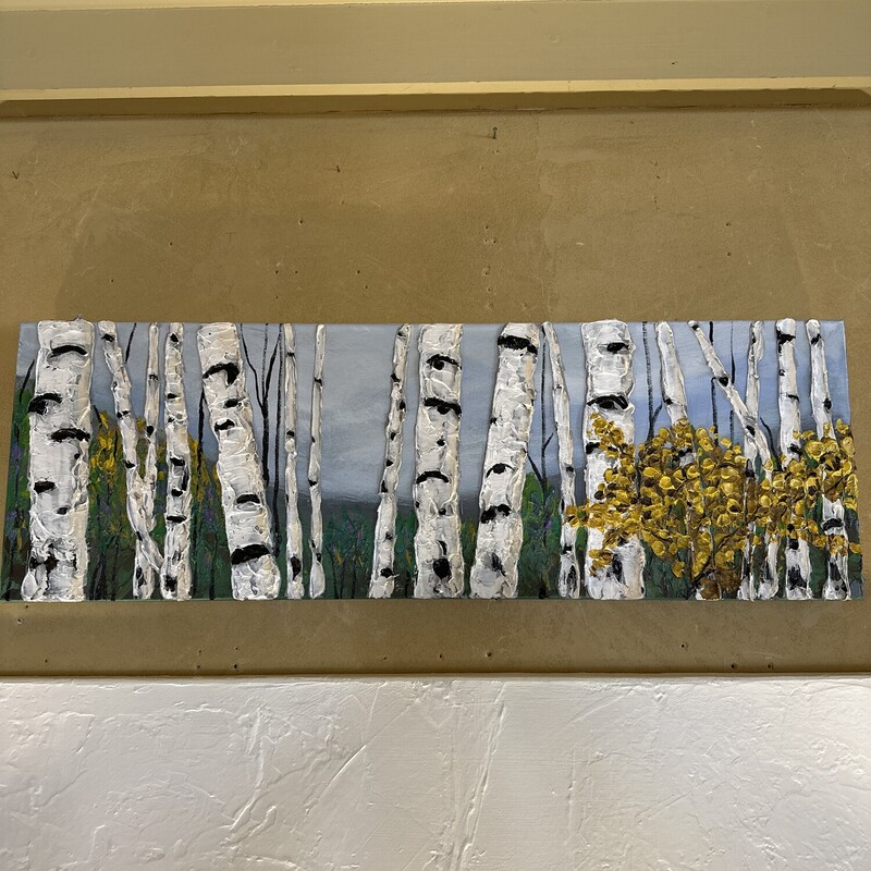 Stormy Aspens by Local Artist Sandie Davis

Size: 12 X 36

Sandie Davis has lived and worked in the Truckee/North Shore area for over 40 years. She only recently discovered the creative magic of painting. As a volunteer graphic designer she found a love for colors that began to find expression in painting wildly with acrylics. That finally got harnessed into painting lessons starting in 2022, opening up the world of lights, darks, patterns and the brilliance of God’s earth.  When she picks up the palette knife she is excited and nervous to see what will appear! She is also a local musician, accompanying the Truckee Tahoe Community Chorus, playing piano for schools, community theater and churches in Truckee.