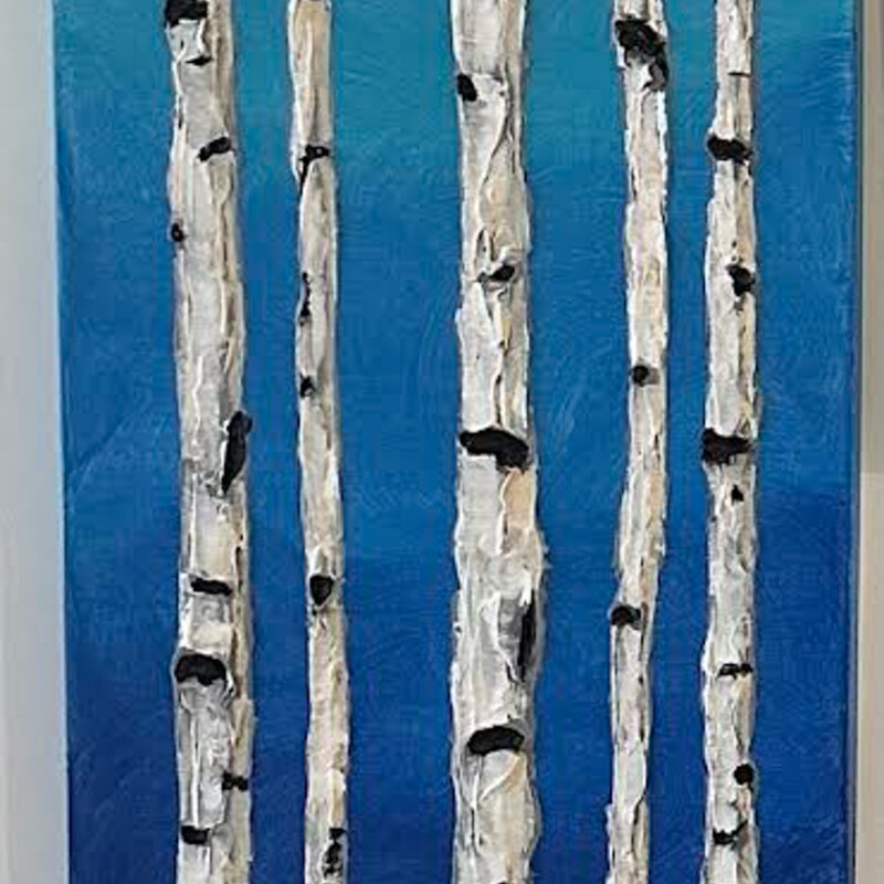 Blue Aspen by Local Artist Sandie Davis

Size: 12 X 36

Sandie Davis has lived and worked in the Truckee/North Shore area for over 40 years. She only recently discovered the creative magic of painting. As a volunteer graphic designer she found a love for colors that began to find expression in painting wildly with acrylics. That finally got harnessed into painting lessons starting in 2022, opening up the world of lights, darks, patterns and the brilliance of God’s earth.  When she picks up the palette knife she is excited and nervous to see what will appear! She is also a local musician, accompanying the Truckee Tahoe Community Chorus, playing piano for schools, community theater and churches in Truckee.