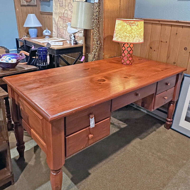 Large Pine 4 Drwr Desk,
 Size: 64x32x31
Great desk with 4 drawers for storage.  It is finished on all sides so it could be in the middle of your office.