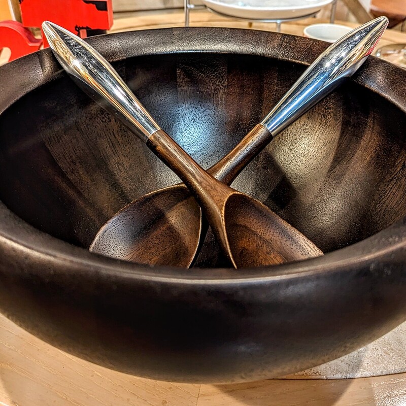 Nambe Wood Salad Bowl + Servers
Retails for $165
Brown Black Silver
Size: 14x7H