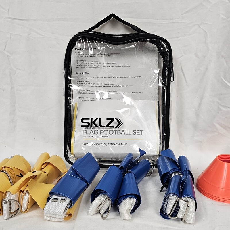 -This gear set includes 10 flag football belts (5 yellow, 5 blue) with 2 attached flags, 4 goal line cones, flag football rules, and bag
-Whether you’re trying to stay in shape during the off-season, or simply using this for entertainment, this set is will fit your flag football needs
-Each ultra-durable belt is designed with 2 detachable nylon flags and utilize a D-ring closure, meaning this set will give you hours of use
-Recommended for ages 7+, these belts are one size fits most, for kids and adults alike