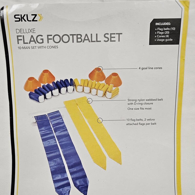 -This gear set includes 10 flag football belts (5 yellow, 5 blue) with 2 attached flags, 4 goal line cones, flag football rules, and bag
-Whether you’re trying to stay in shape during the off-season, or simply using this for entertainment, this set is will fit your flag football needs
-Each ultra-durable belt is designed with 2 detachable nylon flags and utilize a D-ring closure, meaning this set will give you hours of use
-Recommended for ages 7+, these belts are one size fits most, for kids and adults alike