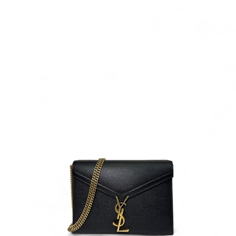 SAINT LAURENT Smooth Calfskin Monogram Cassandra Clasp Bag in Black. This elegant shoulder bag is crafted of smooth calfskin leather in black. The bag features aged gold chain link strap and a prominent YSL monogram twist-lock closure. This opens to a burgundy leather interior with zipper and patch pockets.
Dimensions:
Base length: 8.5 in
Height: 6.5 in
Width: 2 in
Drop: 13 in
Drop: 23.25 in

Comes with box and dustbag