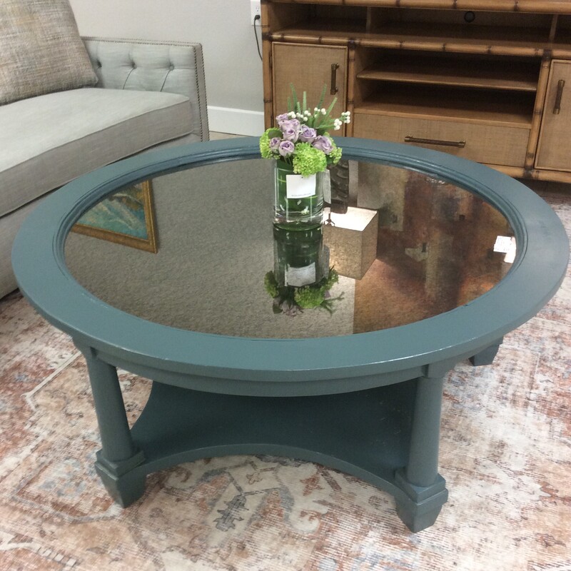 Blue painted coffee table with a antique finish glass inlay,  Size: 20Rnd x 21