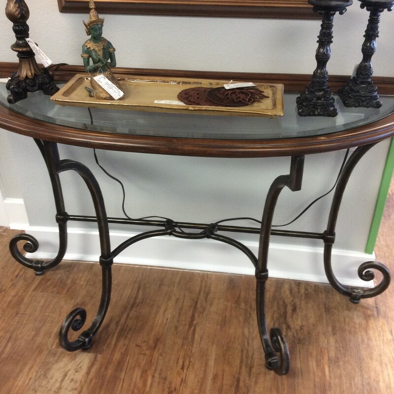 Console/Sofa Tuscany Wrought Iron Wood Demilune Server with Glass in lay  Size: 54x21x32