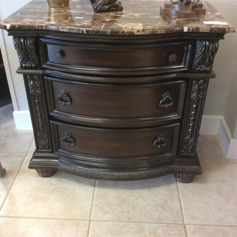 Solid wood nightstand with a dark brown finish, and a marble top,  Size: 34x20x32