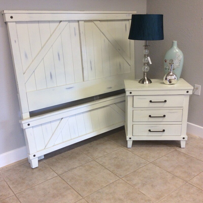 Farmhouse style white, with light rub through, with just a touch of industrial flare.  Size:  Queen