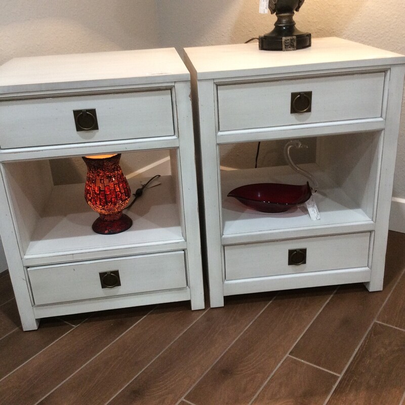Oh, this pair is gorgeous! From Ethan Allen Furniture, they are modern in design but painted white giving them a slightly shabby, farmhousy feel. Lots of storage space! Size: 22x22x29.5
