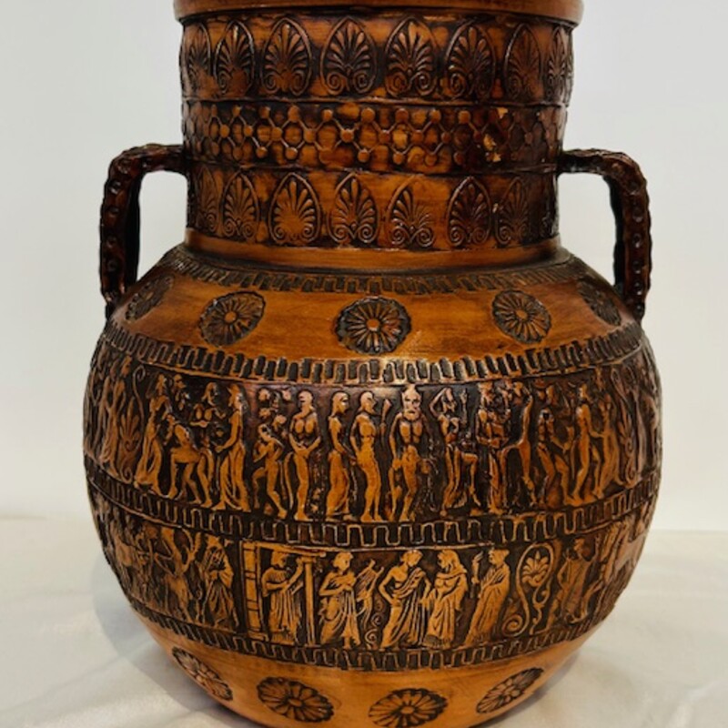 Greek Etched  Two Handles Vase
Brown Black
Size: 8.5 x 10H