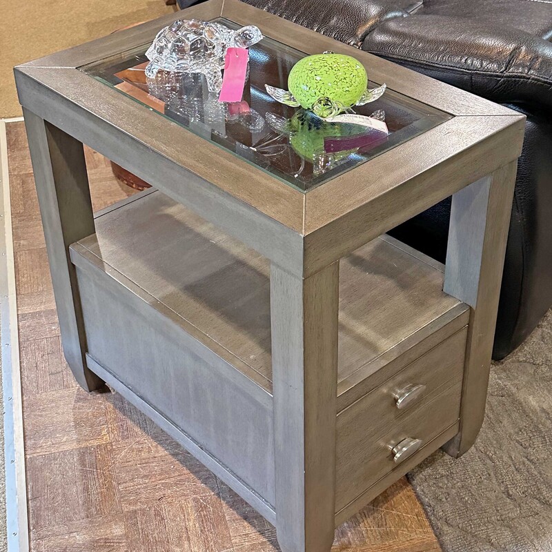 Glass Top Side Table with Electricity
16 In Wide x 24 In Deep x 24 In Tall.