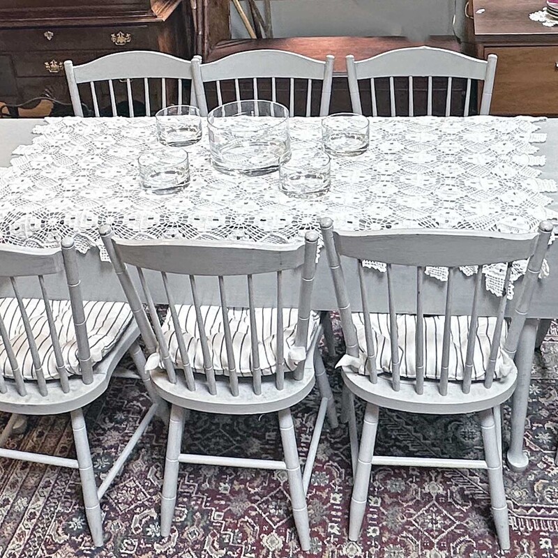Gray Drop Leaf Farm Table with 8 Chairs
72 In Long x 26 Wide (Closed) x 45 Wide (Open)
x 35 In Tall.