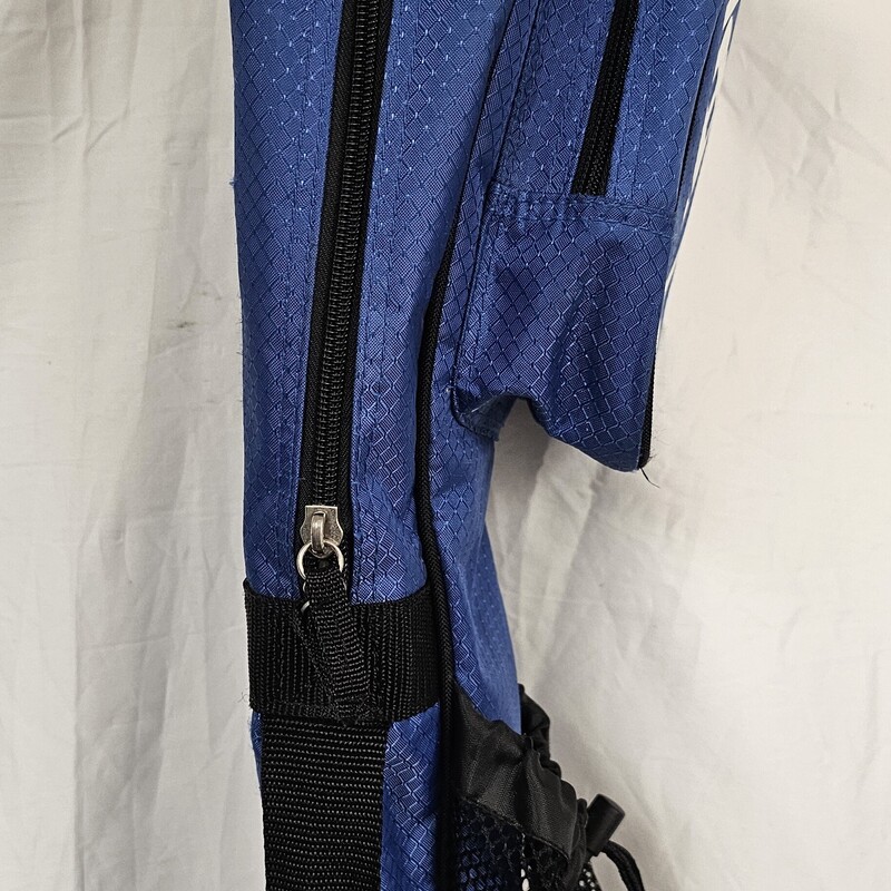 DeBeer Lacrosse Stick Bag, Blue, Size: 44in., Features 1 large zippered stick caompartment that holds 2 sticks,  2 small zippered compartment pockets and a mesh drawstring pocket. Pre-owned