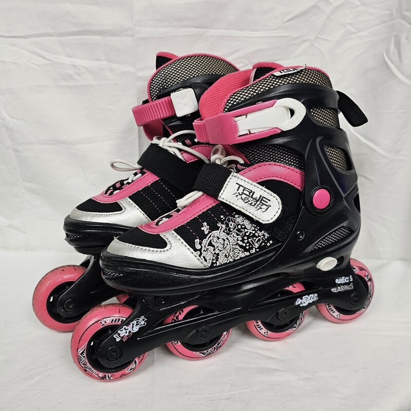 True Vista Adjustable Kids Inline Skates, Size: 1-4, Black & Pink, pre-owned