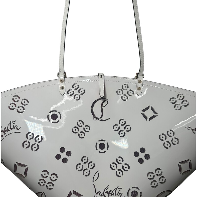 Louboutin Loubifever, White, Size: OS<br />
<br />
Dimensions:<br />
 11.8H x 20.5W x 6.1D<br />
<br />
Christian Louboutin Loubifever shoulder bag in Loubinthesky perforated calf leather Adjustable shoulder strap with spike accents Open top with center strap closure Signature red lining.