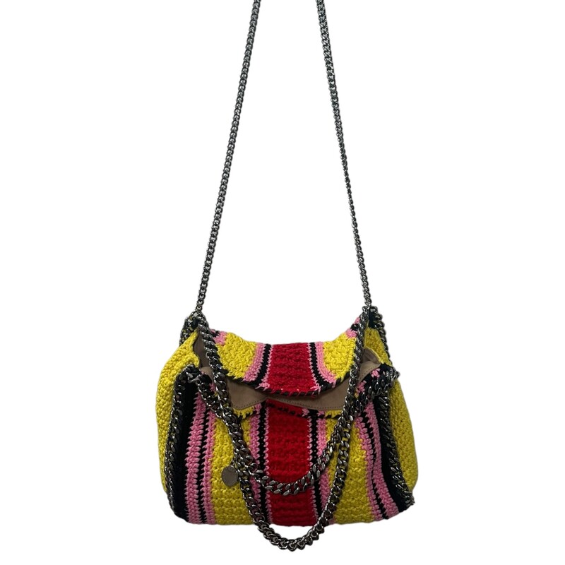 Stella McCartney Falabella Striped Multicolor Cotton Crochet Handbag<br />
<br />
Colorful striping in crocheted cotton brings a summery look to Stella's iconic Falabella crossbody trimmed in diamond-cut chain and tonal whipstitching.<br />
<br />
Dimensions:<br />
11.4W x 3.5D x 11H<br />
Chain handles, 4.3 drop<br />
Chain shoulder strap, 18.5 drop<br />
<br />
Striped crochet pattern<br />
<br />
Note: Yellow has a little sign of wear/dirty on it.<br />
<br />
Code: 371223  WP0131