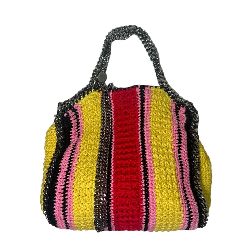 Stella McCartney Falabella Striped Multicolor Cotton Crochet Handbag<br />
<br />
Colorful striping in crocheted cotton brings a summery look to Stella's iconic Falabella crossbody trimmed in diamond-cut chain and tonal whipstitching.<br />
<br />
Dimensions:<br />
11.4W x 3.5D x 11H<br />
Chain handles, 4.3 drop<br />
Chain shoulder strap, 18.5 drop<br />
<br />
Striped crochet pattern<br />
<br />
Note: Yellow has a little sign of wear/dirty on it.<br />
<br />
Code: 371223  WP0131