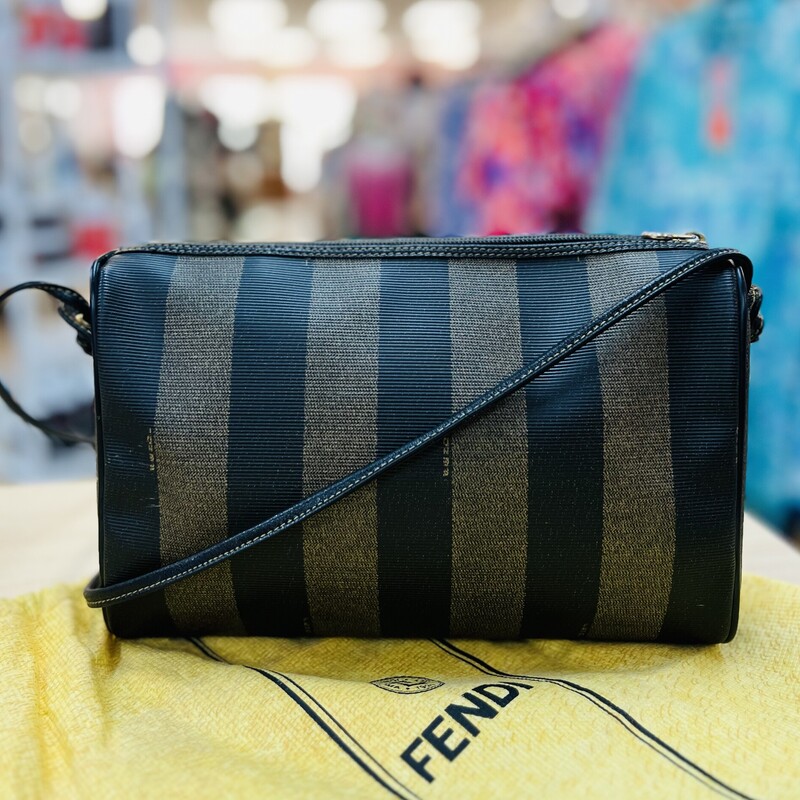 Fendi Vintage Pequin Shoulder Bag<br />
<br />
Founded in 1925, the high Italian fashion house of Fendi is renowned for their quality, glamour, and uniquely-creative designs. Fendi’s FF logo print is making a comeback by re-introducing the all-logo FF Capsule Collection, FF Reloaded, launched in Spring of 2018. From 1965 until his recent death in 2019, Karl Lagerfeld led Fendi for the longest collaboration in fashion, holding an innovative and cutting-edge legacy.<br />
<br />
Condition Notes: Light loss of structure throughout exterior. Light creasing and scuffs throughout exterior trim and shoulder strap. Surface scratches to hardware. Interior is in great condition.<br />
Comes with Original Dust Cover.<br />
<br />
Width (at base): 11\"<br />
Height: 7.5\"<br />
Depth: 2.5\"<br />
Shoulder Strap Drop: 24\"<br />
Type of Material: Coated Canvas, Leather<br />
Color: Brown, Black<br />
Lining: Black Leather<br />
Pockets: One Interior<br />
Hardware: Gold Tone<br />
Closure: Zipper<br />
Origin: Italy<br />
This bag is VINATGE, dated sometime around late 70's early 80's (45 to 50 yrs old).<br />
Great addition to add to your Handbag collection!