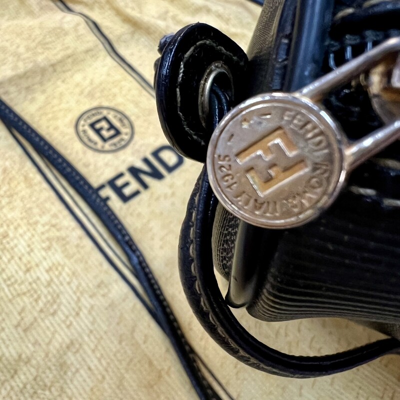 Fendi Vintage Pequin Shoulder Bag<br />
<br />
Founded in 1925, the high Italian fashion house of Fendi is renowned for their quality, glamour, and uniquely-creative designs. Fendi’s FF logo print is making a comeback by re-introducing the all-logo FF Capsule Collection, FF Reloaded, launched in Spring of 2018. From 1965 until his recent death in 2019, Karl Lagerfeld led Fendi for the longest collaboration in fashion, holding an innovative and cutting-edge legacy.<br />
<br />
Condition Notes: Light loss of structure throughout exterior. Light creasing and scuffs throughout exterior trim and shoulder strap. Surface scratches to hardware. Interior is in great condition.<br />
Comes with Original Dust Cover.<br />
<br />
Width (at base): 11\"<br />
Height: 7.5\"<br />
Depth: 2.5\"<br />
Shoulder Strap Drop: 24\"<br />
Type of Material: Coated Canvas, Leather<br />
Color: Brown, Black<br />
Lining: Black Leather<br />
Pockets: One Interior<br />
Hardware: Gold Tone<br />
Closure: Zipper<br />
Origin: Italy<br />
This bag is VINATGE, dated sometime around late 70's early 80's (45 to 50 yrs old).<br />
Great addition to add to your Handbag collection!