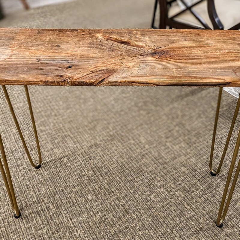 Custom Live Wood Accent Table with Metal Legs
Brown Gold Size: 42 x 14 x 31H
Made in Massachusetts