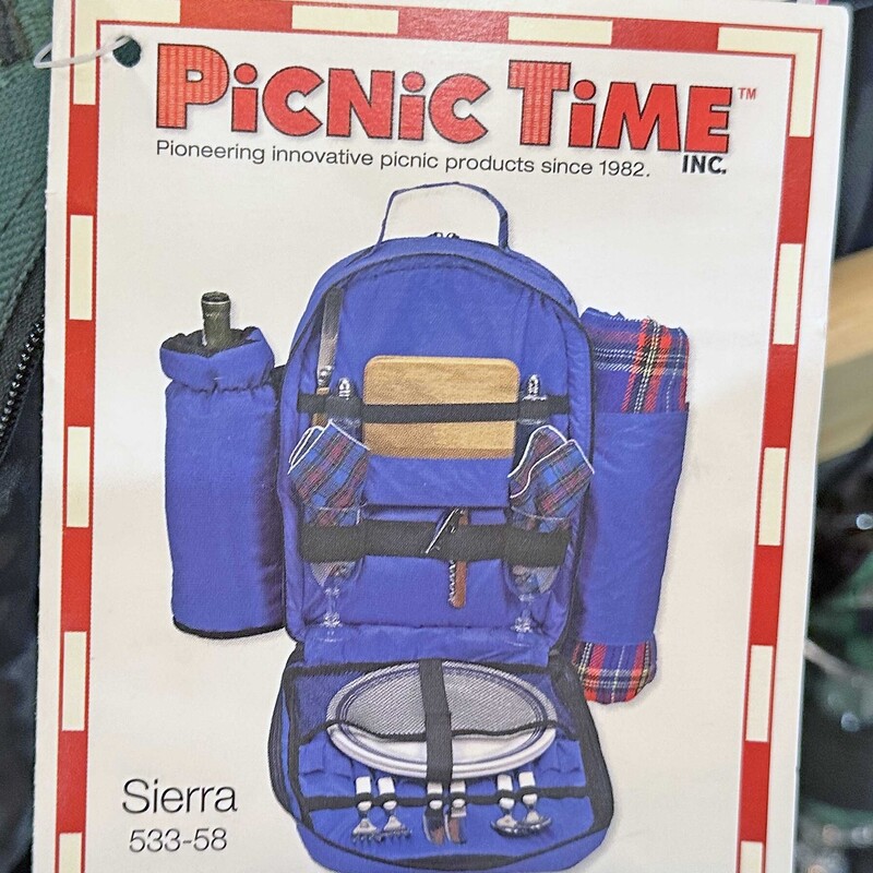 Brand New Picnic Time Set
Backpack, Blanket, Dishes, Silverware, Wine Glasses Napkins, Cutting Board and Salt and Pepper Shakers.