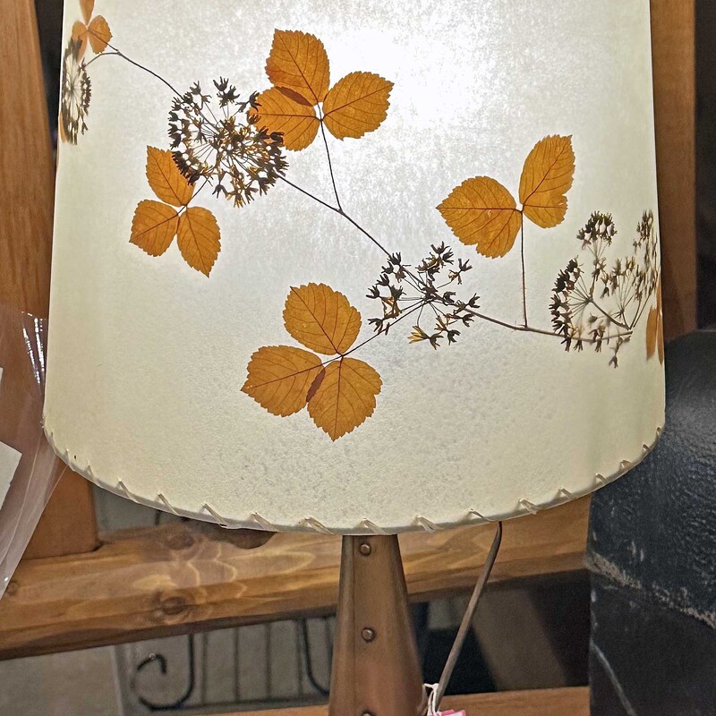 Copper Lamp/Floral Shade,
Size: 22 T X 5Base
Copper lamp with a fluted base.  The shade is handmade on velum with dried flowers.