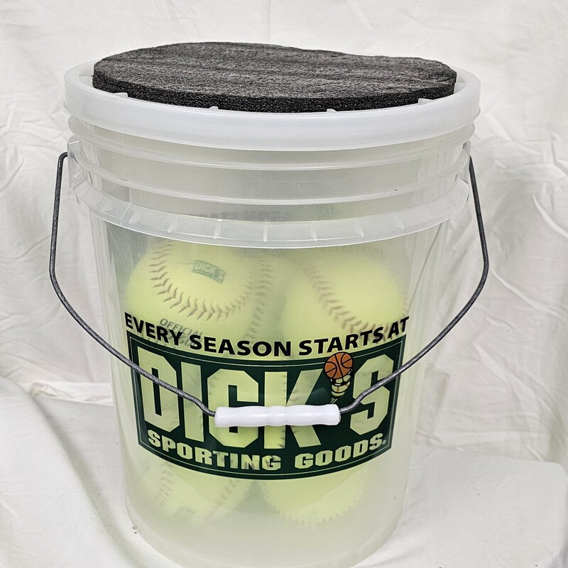 DSG Bucket Of Softballs, 12in Yellow,  12 Softballs & 1 Bucket with Padded Lid, Barely Used